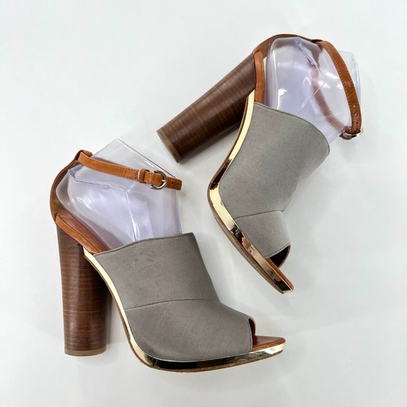 Rebecca Minkoff Ragini Heels Womens 6 Gray Brown Gold Lined Peep Toe Ankle Strap - Picture 2 of 4